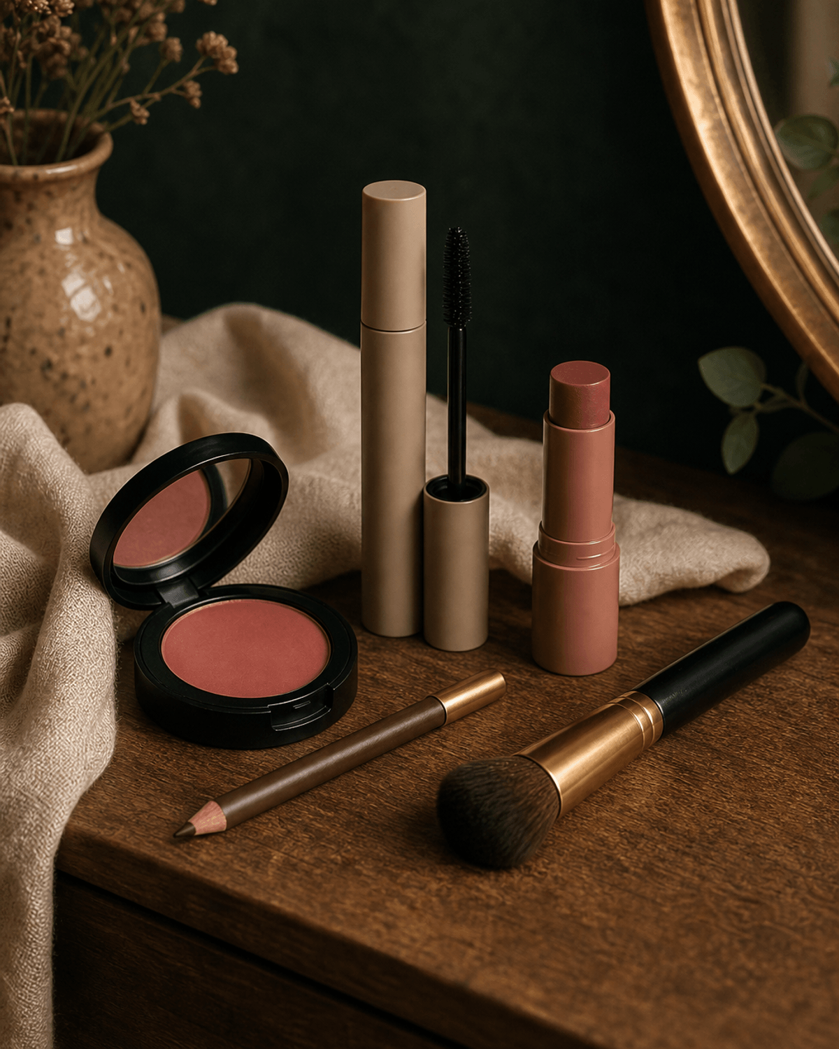 A makeup product still life with blush, mascara, lip color, pencil, and brush on a warm dressing table.
