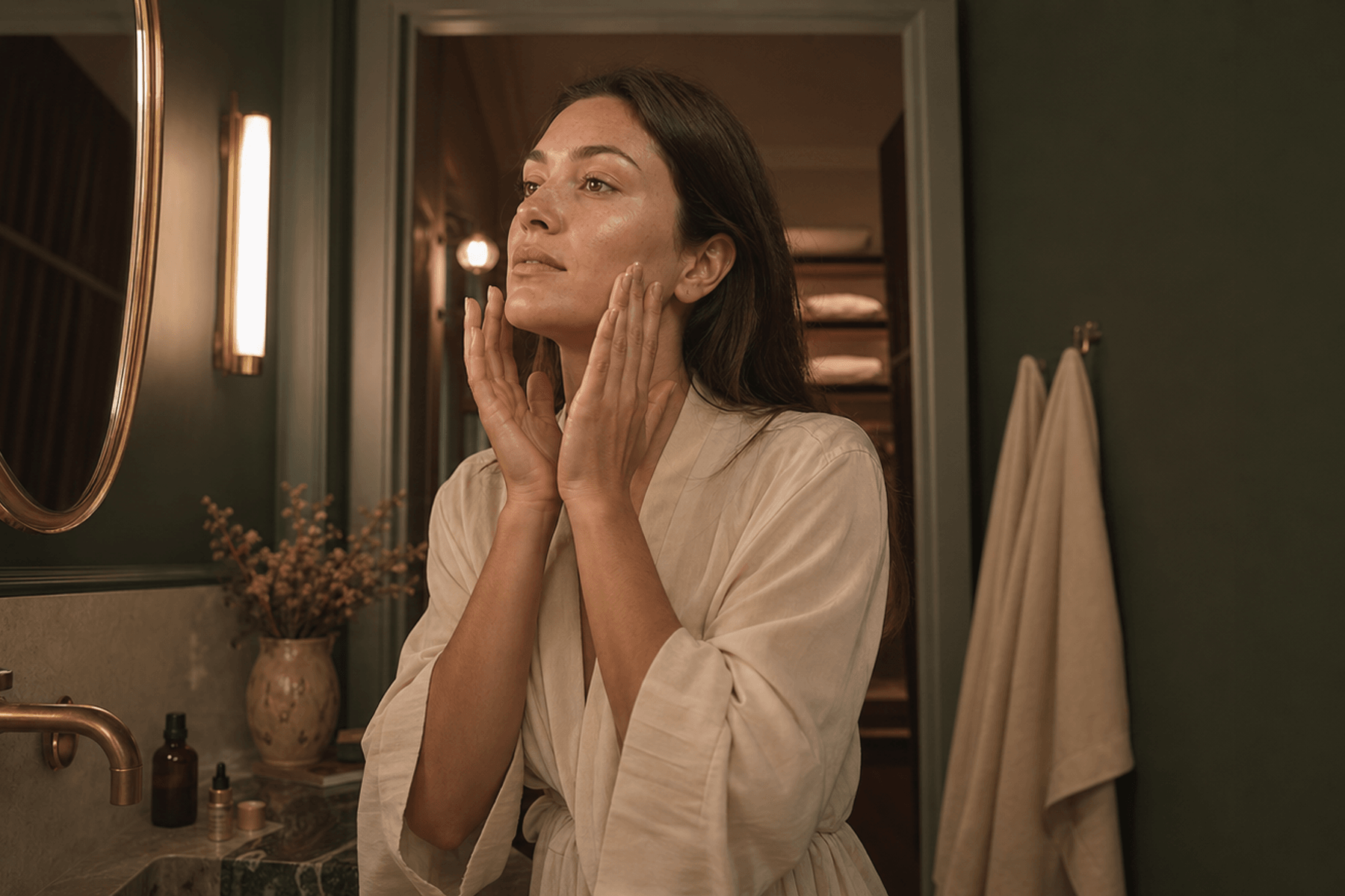 A quiet beauty ritual with a person in warm mirror light.